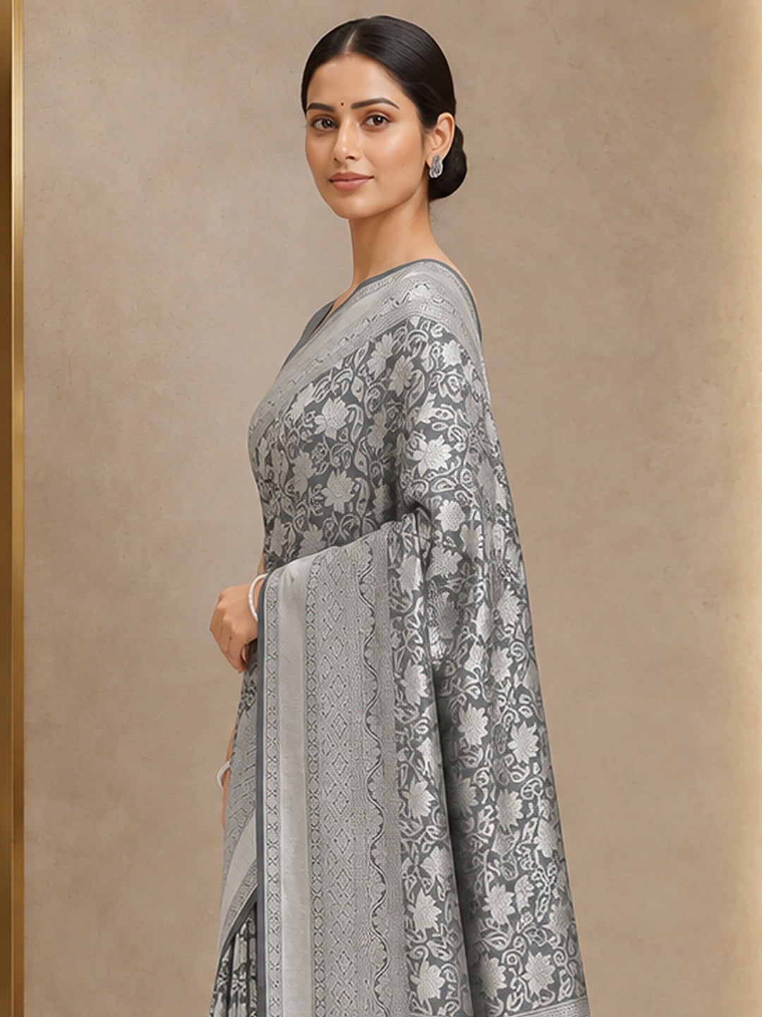 Grey Art Silk Woven Saree