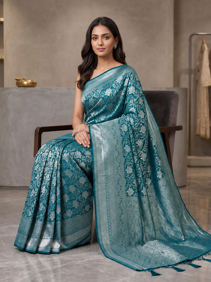 Peacock-Blue Art Silk Woven Saree