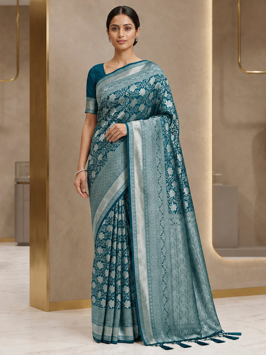 Peacock-Blue Art Silk Woven Saree