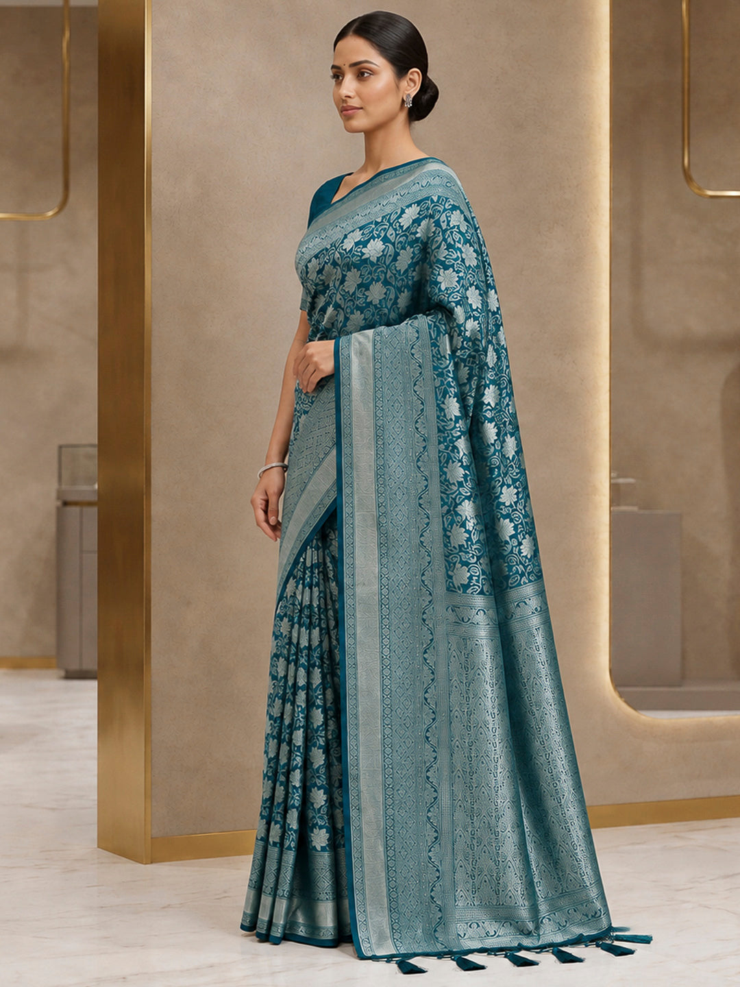 Peacock-Blue Art Silk Woven Saree