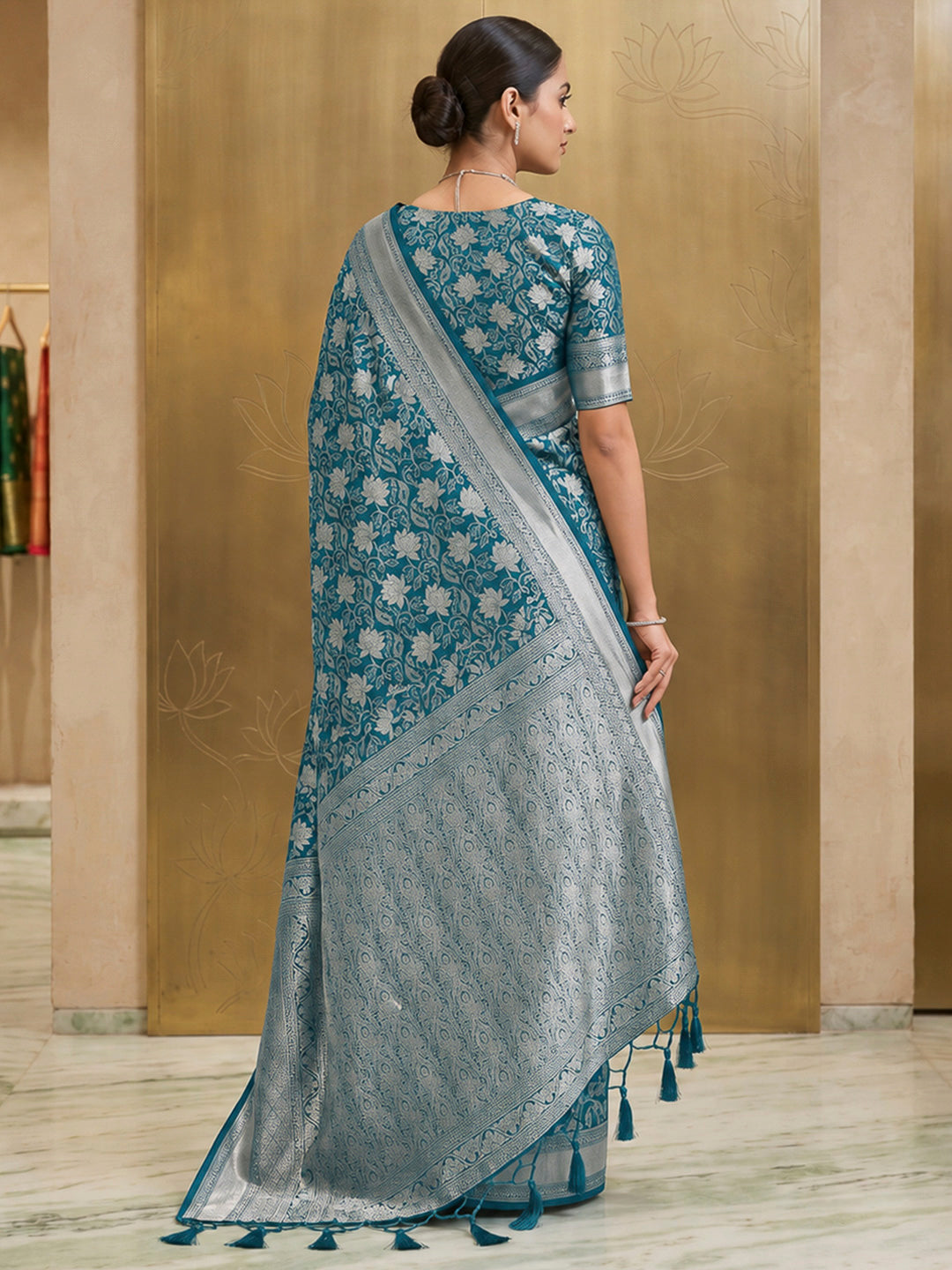 Peacock-Blue Art Silk Woven Saree