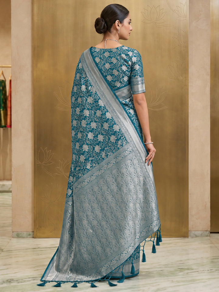 Peacock-Blue Art Silk Woven Saree