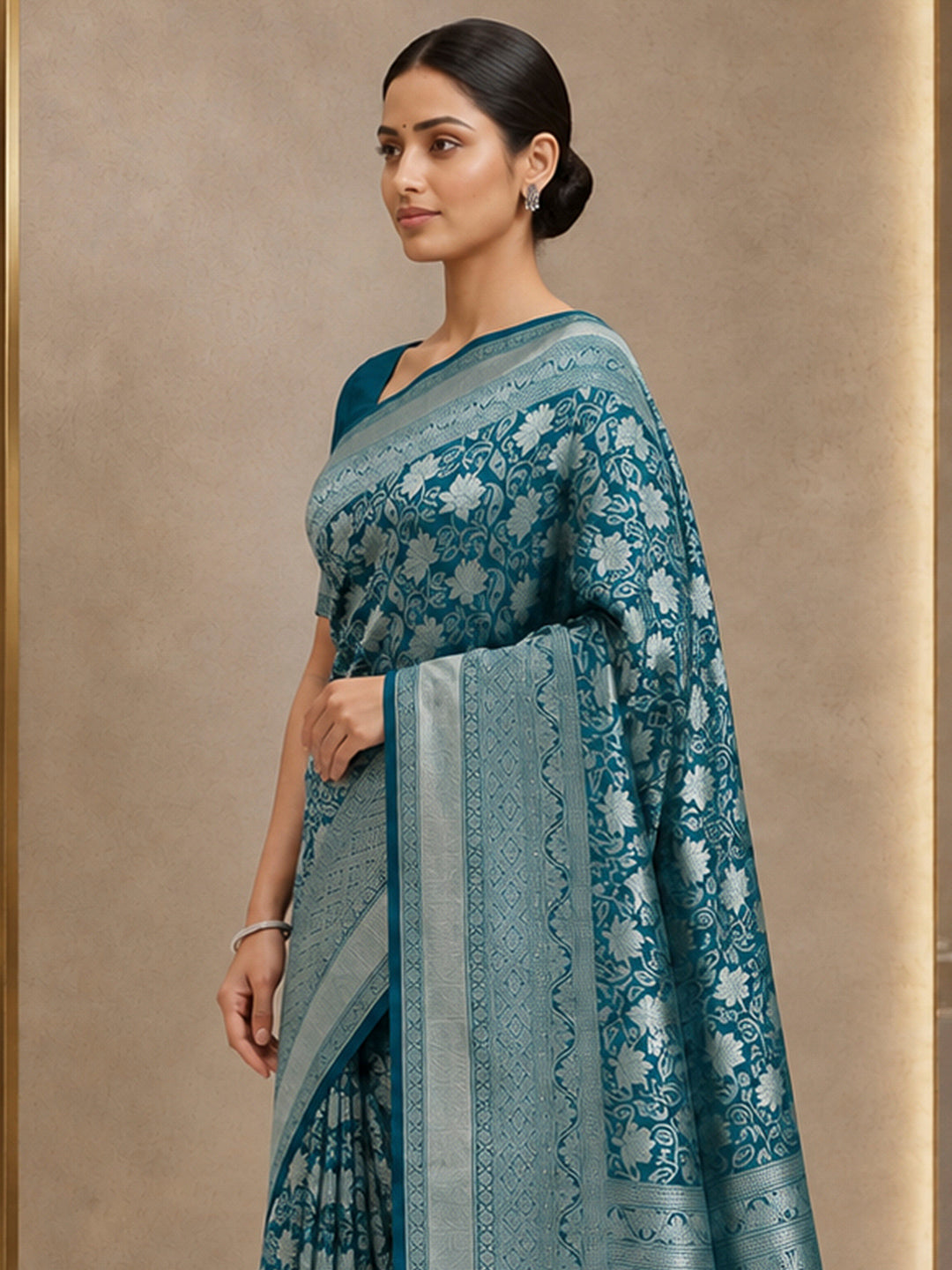 Peacock-Blue Art Silk Woven Saree