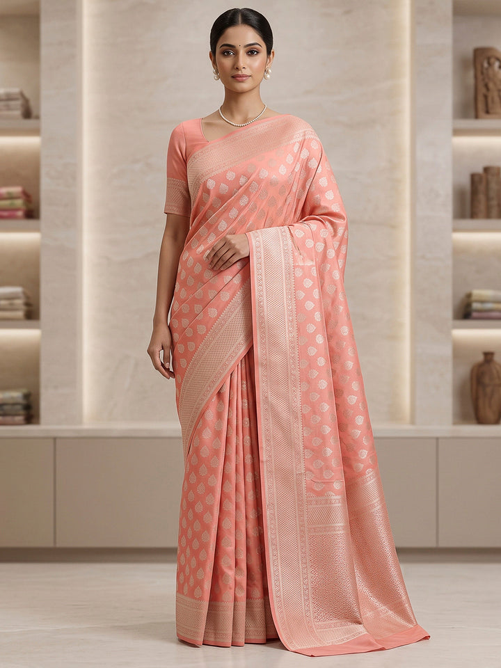 Peach Art Silk Woven Saree
