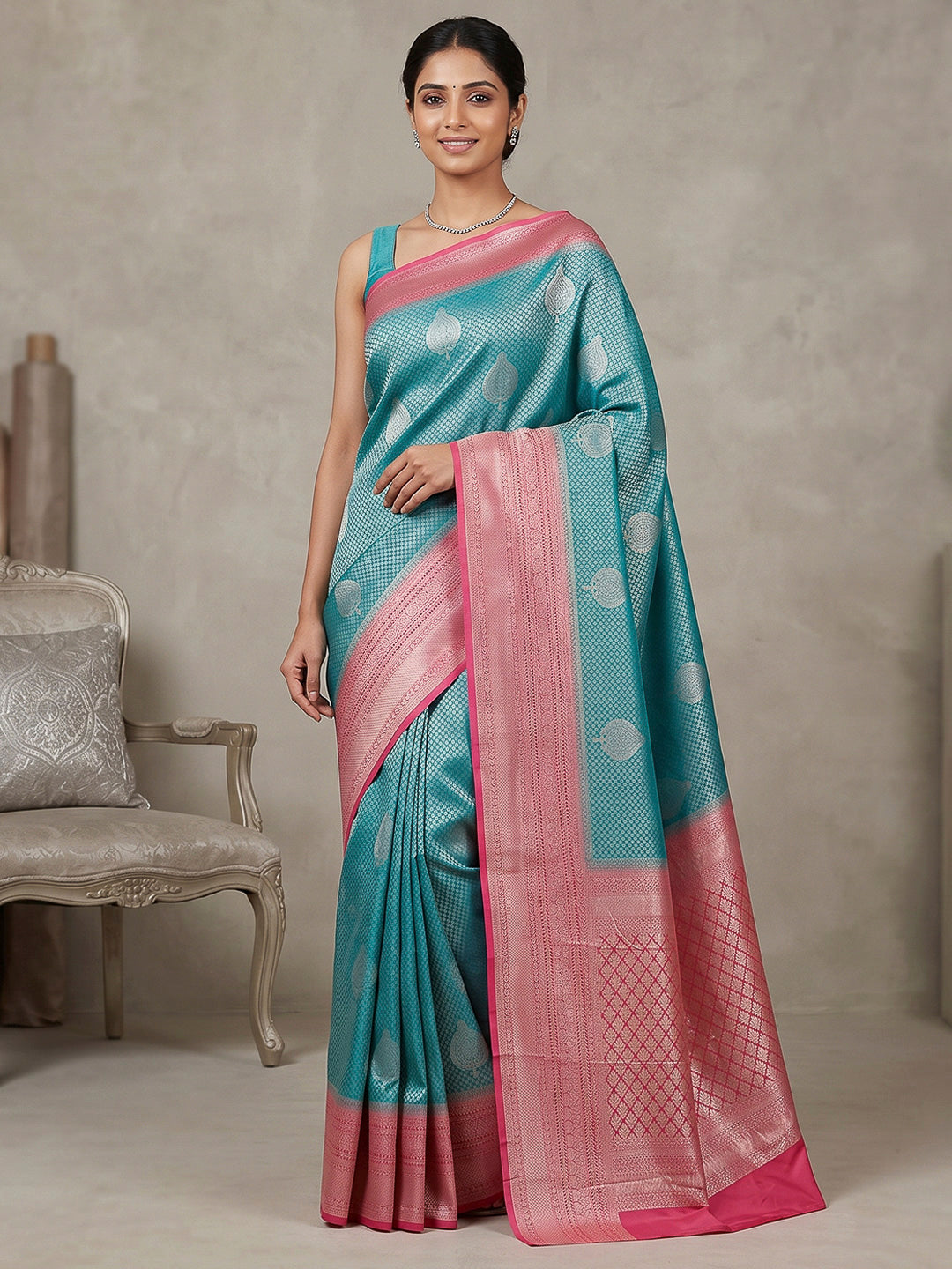 Blue-Pink Art Silk Woven Saree