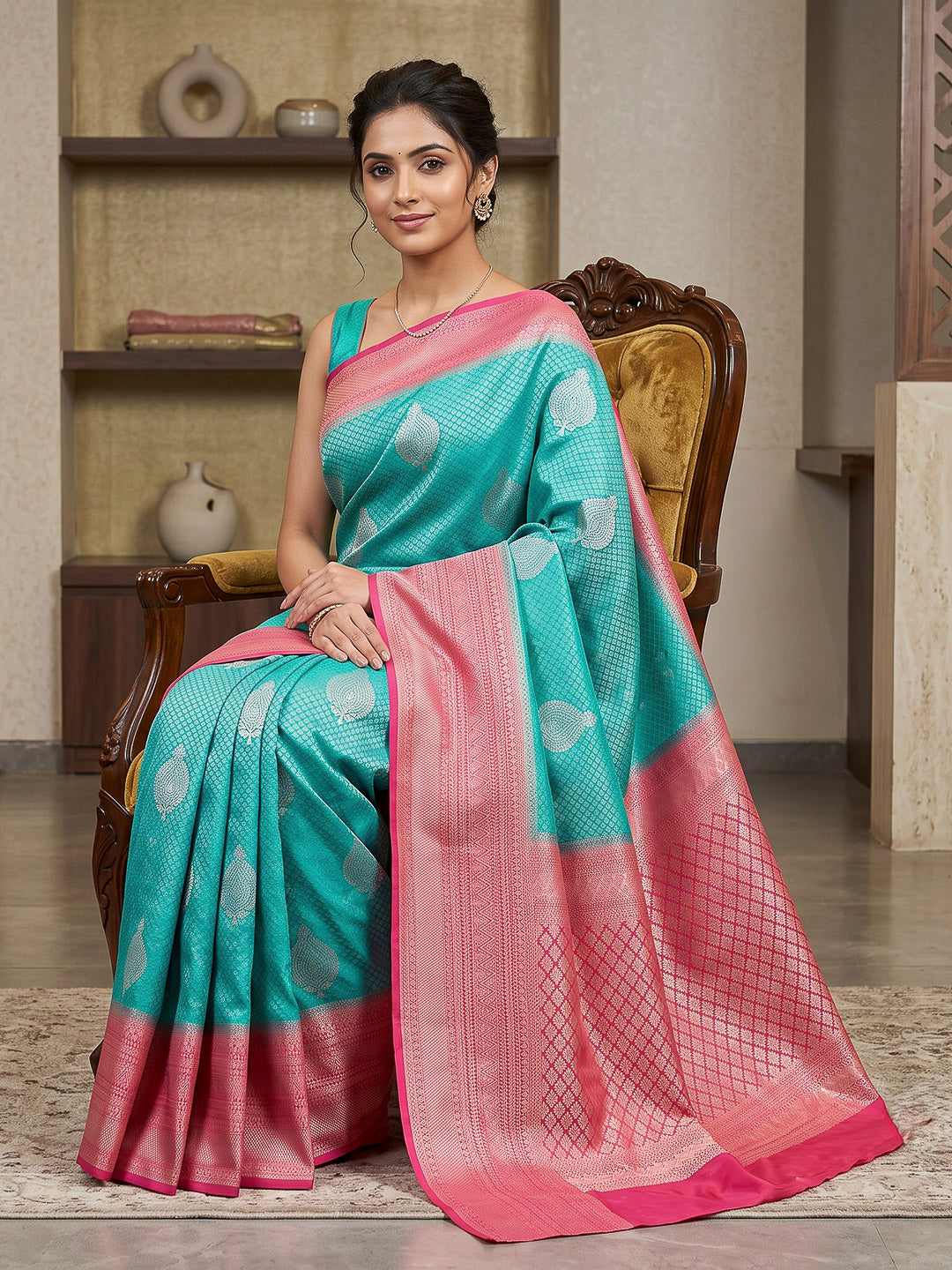 Blue-Pink Art Silk Woven Saree