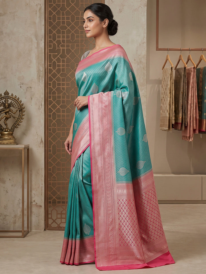 Blue-Pink Art Silk Woven Saree