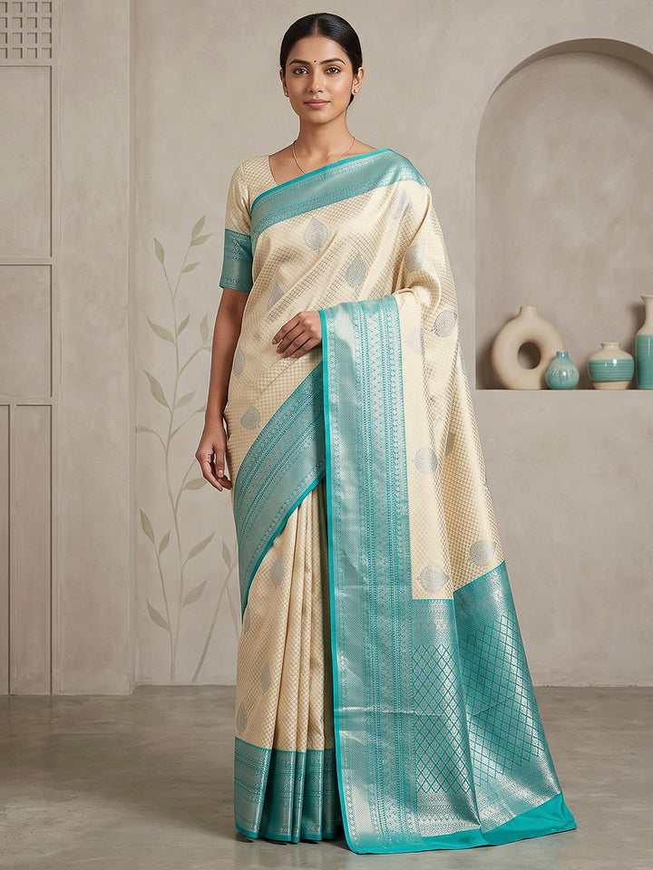 Cream-Blue Art Silk Woven Saree