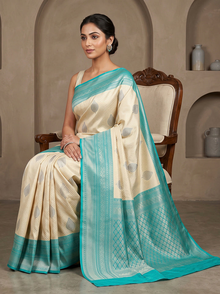 Cream-Blue Art Silk Woven Saree