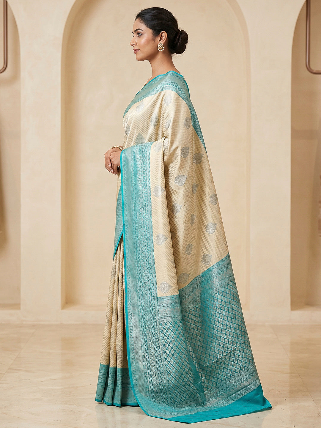 Cream-Blue Art Silk Woven Saree
