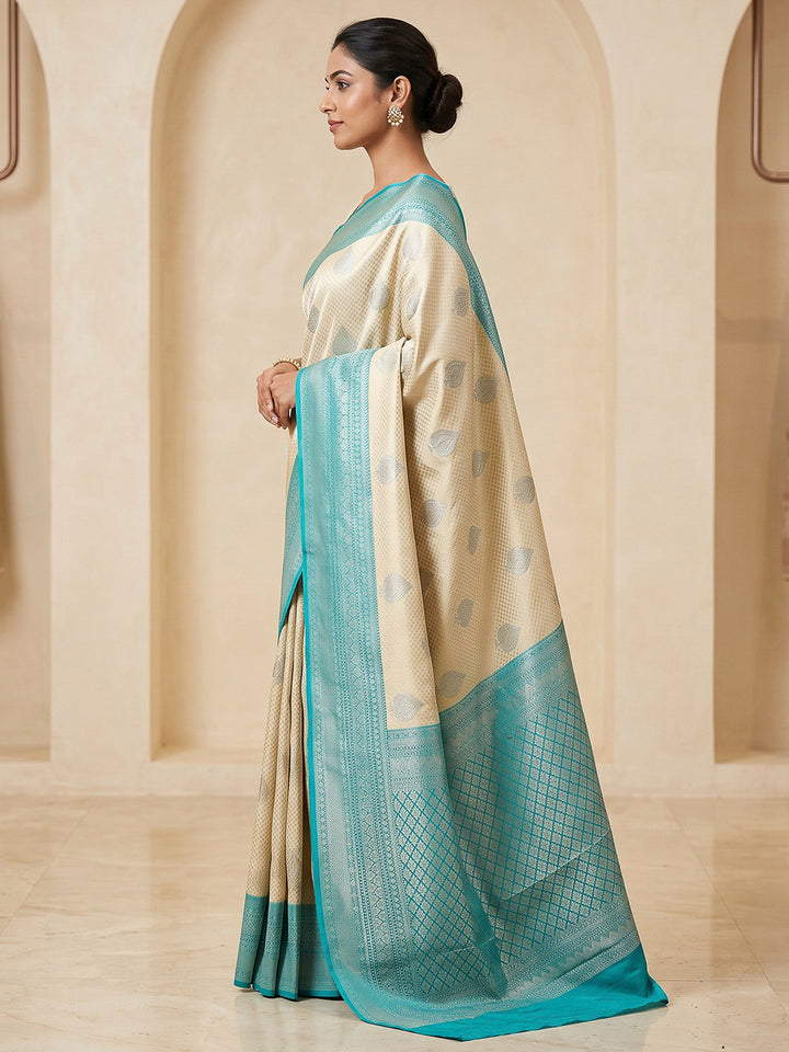 Cream-Blue Art Silk Woven Saree