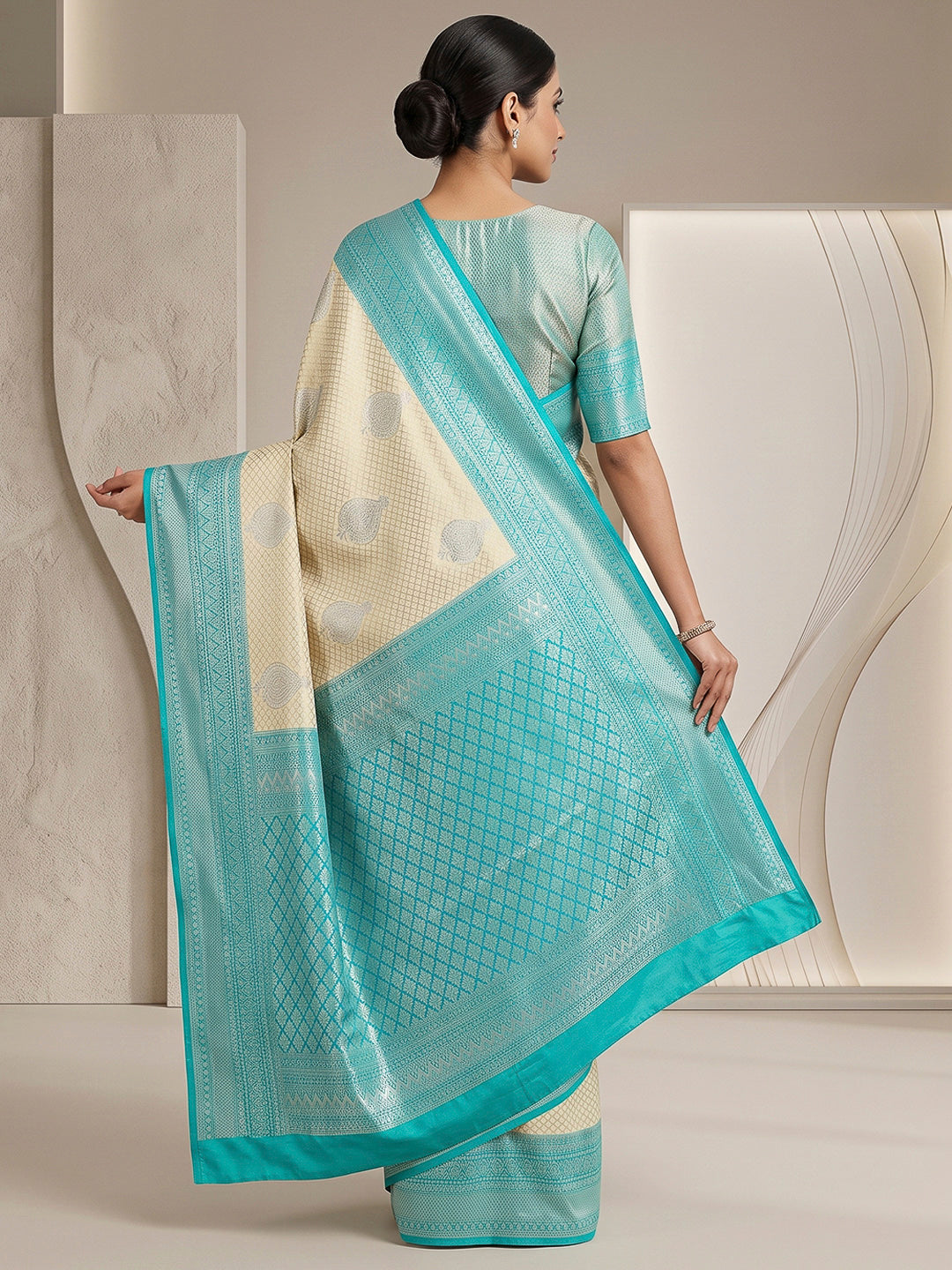 Cream-Blue Art Silk Woven Saree