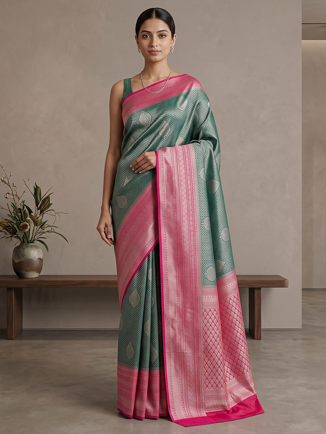 Sea Green-Peach Art Silk Woven Saree