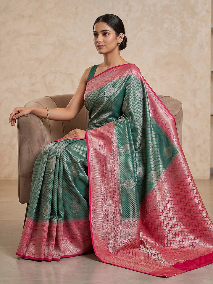 Sea Green-Peach Art Silk Woven Saree