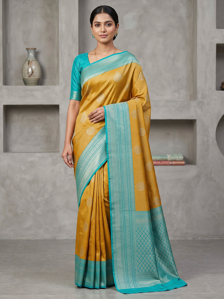 Mustard-Blue Art Silk Woven Saree