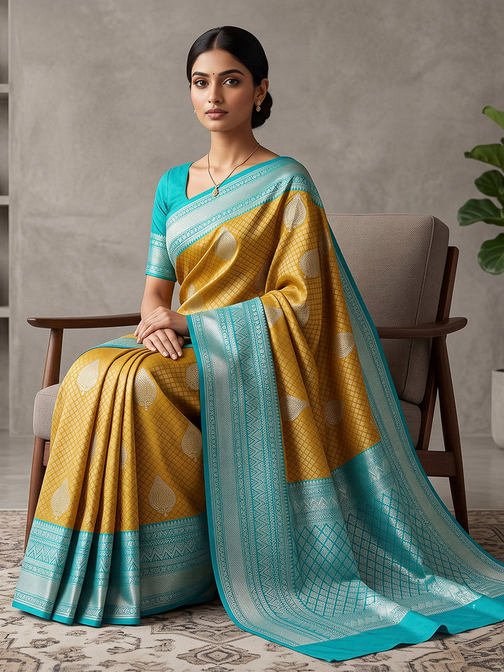 Mustard-Blue Art Silk Woven Saree