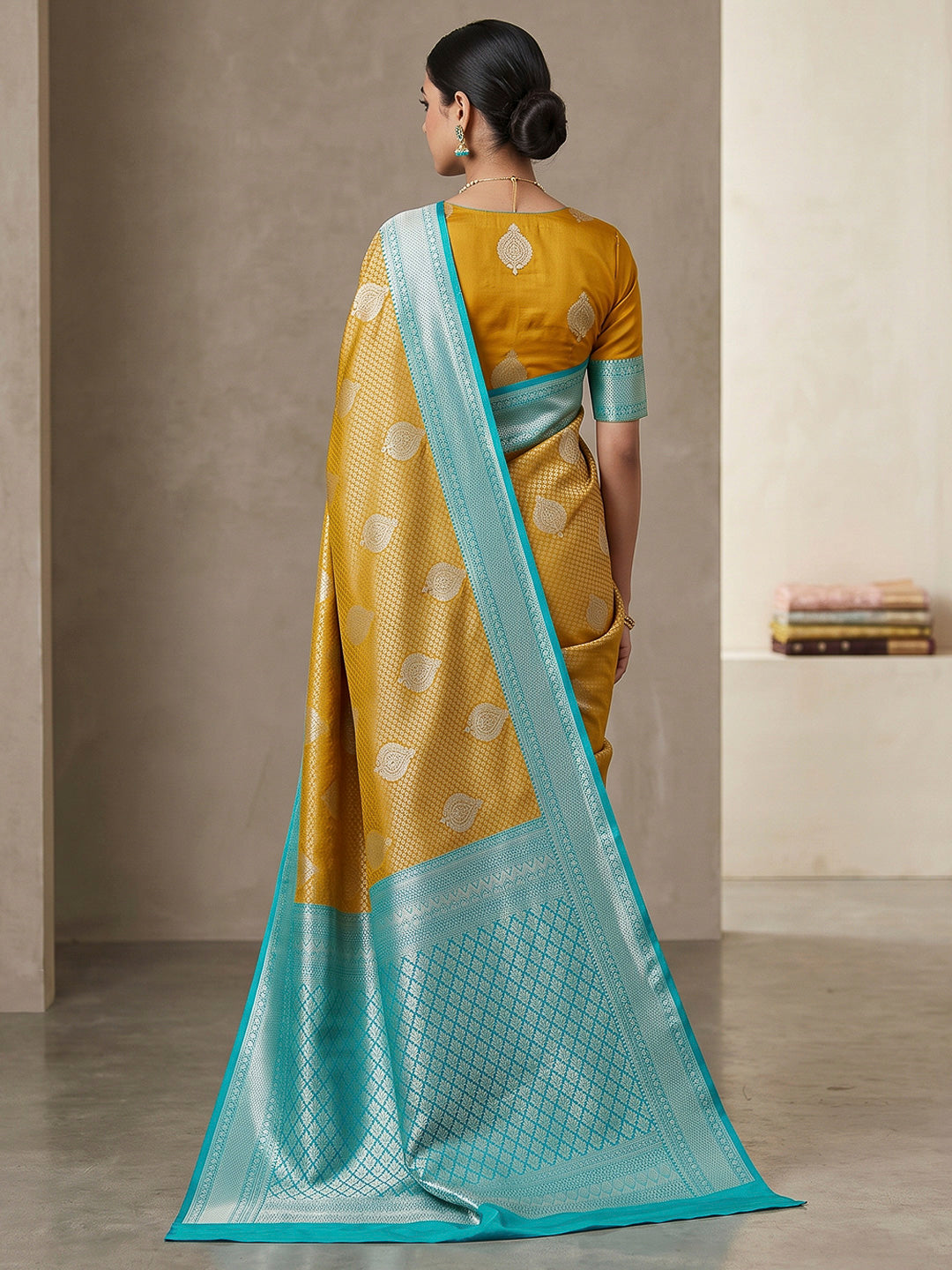 Mustard-Blue Art Silk Woven Saree