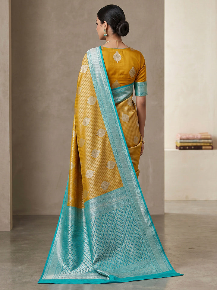 Mustard-Blue Art Silk Woven Saree