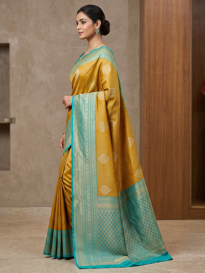 Mustard-Blue Art Silk Woven Saree