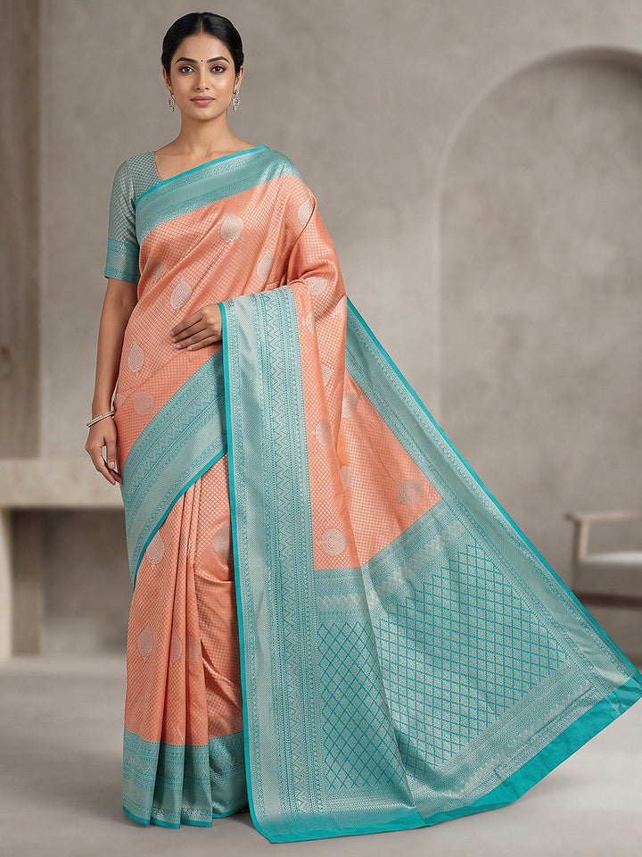 Peach-Blue Art Silk Woven Saree