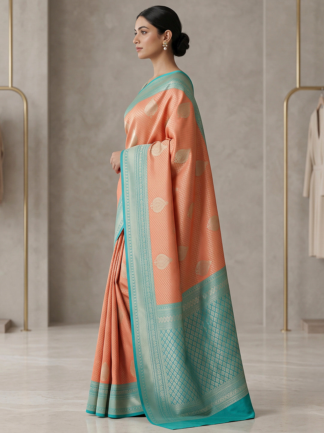 Peach-Blue Art Silk Woven Saree