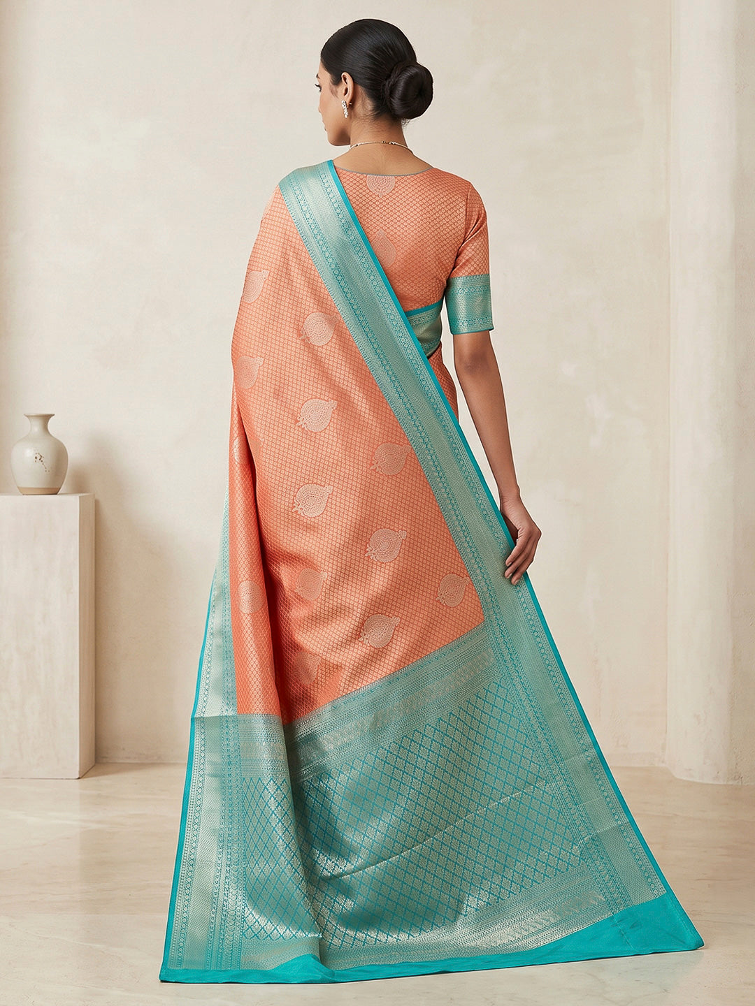 Peach-Blue Art Silk Woven Saree