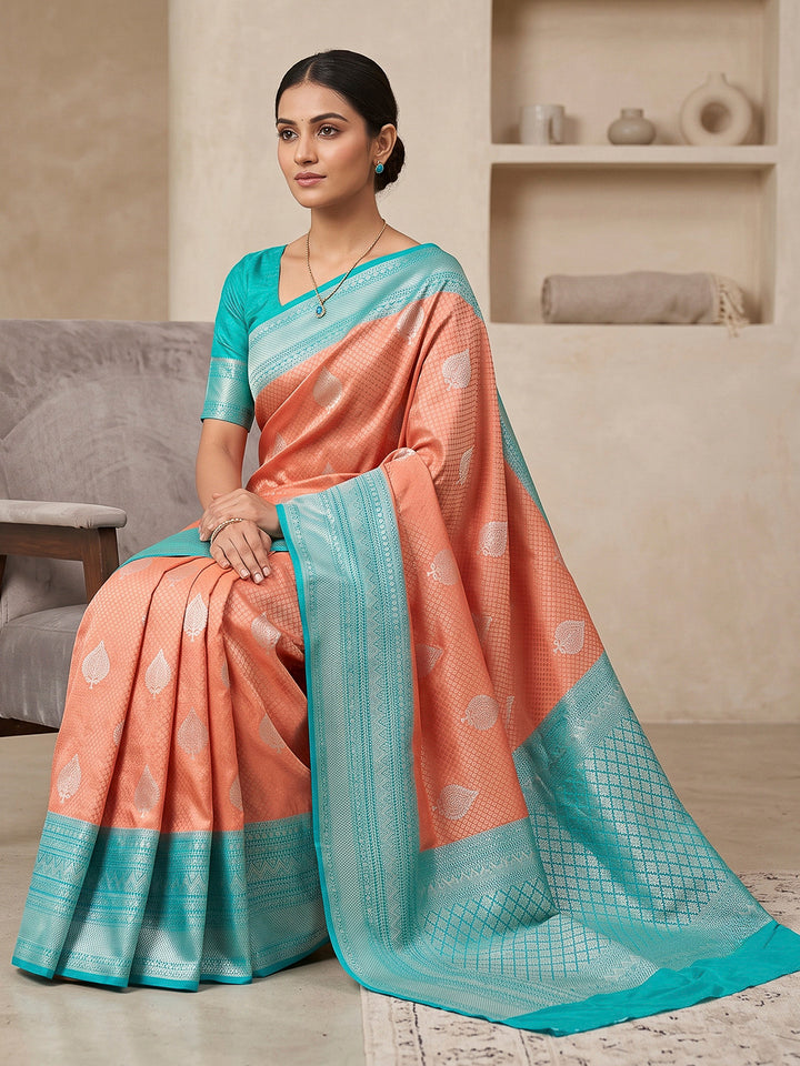 Peach-Blue Art Silk Woven Saree