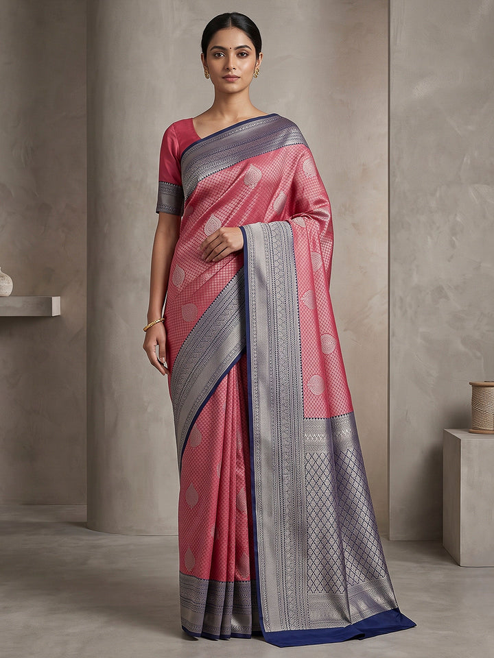 Pink-Navy Art Silk Woven Saree
