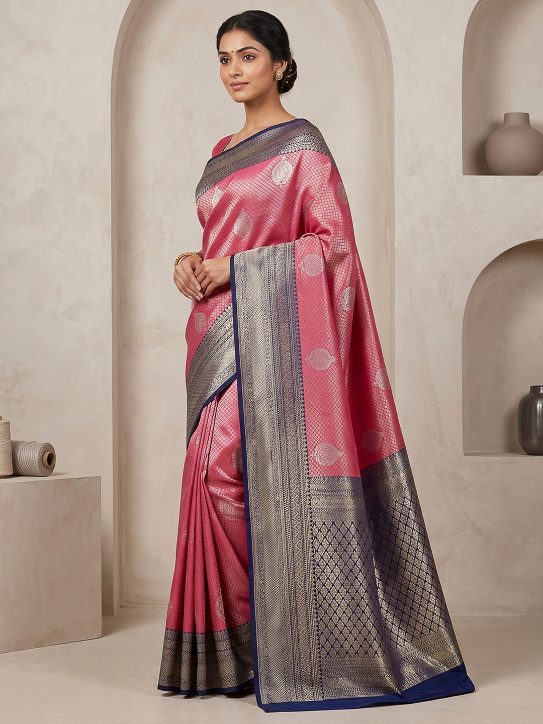 Pink-Navy Art Silk Woven Saree