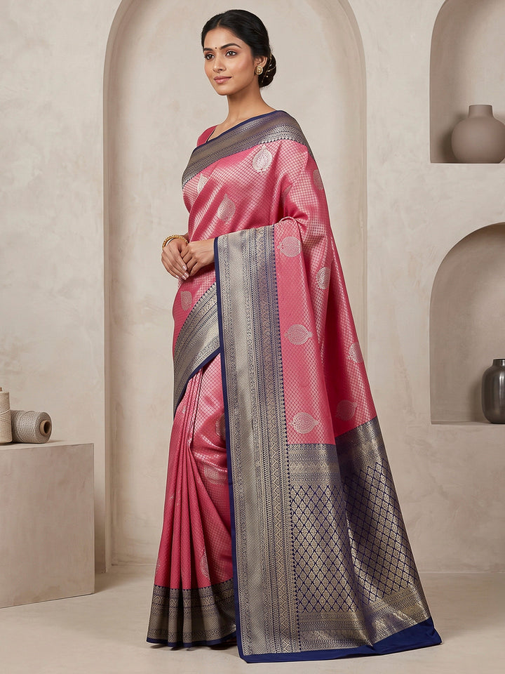 Pink-Navy Art Silk Woven Saree