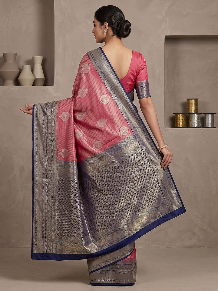 Pink-Navy Art Silk Woven Saree