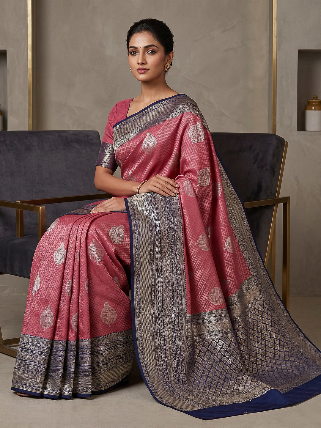 Pink-Navy Art Silk Woven Saree