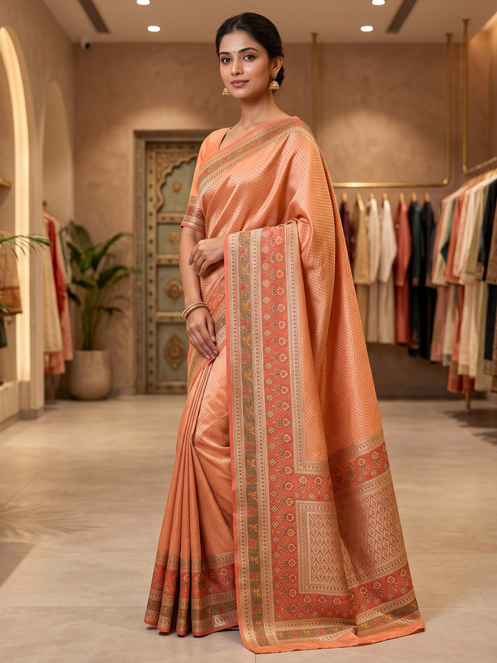 Peach Art Silk Woven Saree