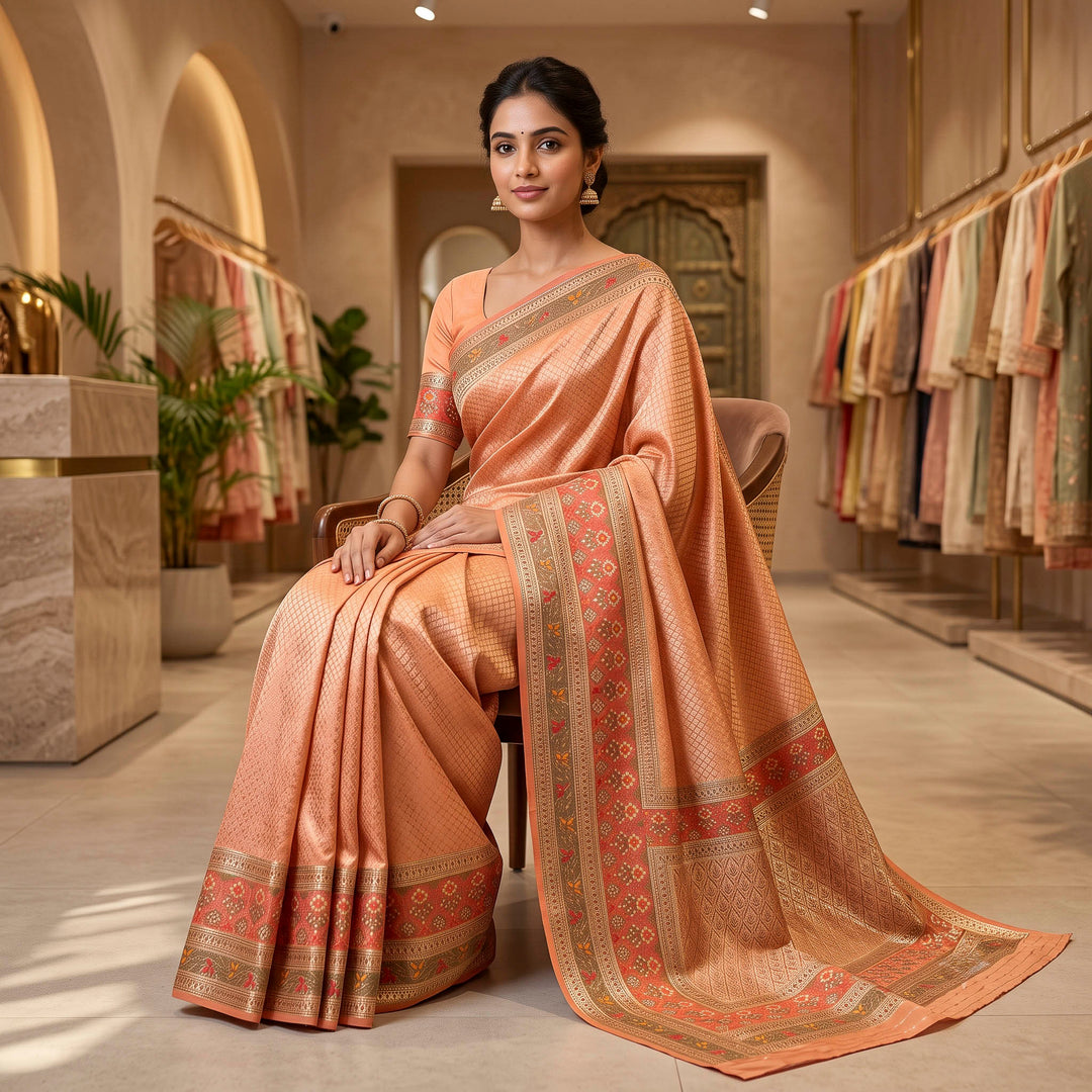Peach Art Silk Woven Saree