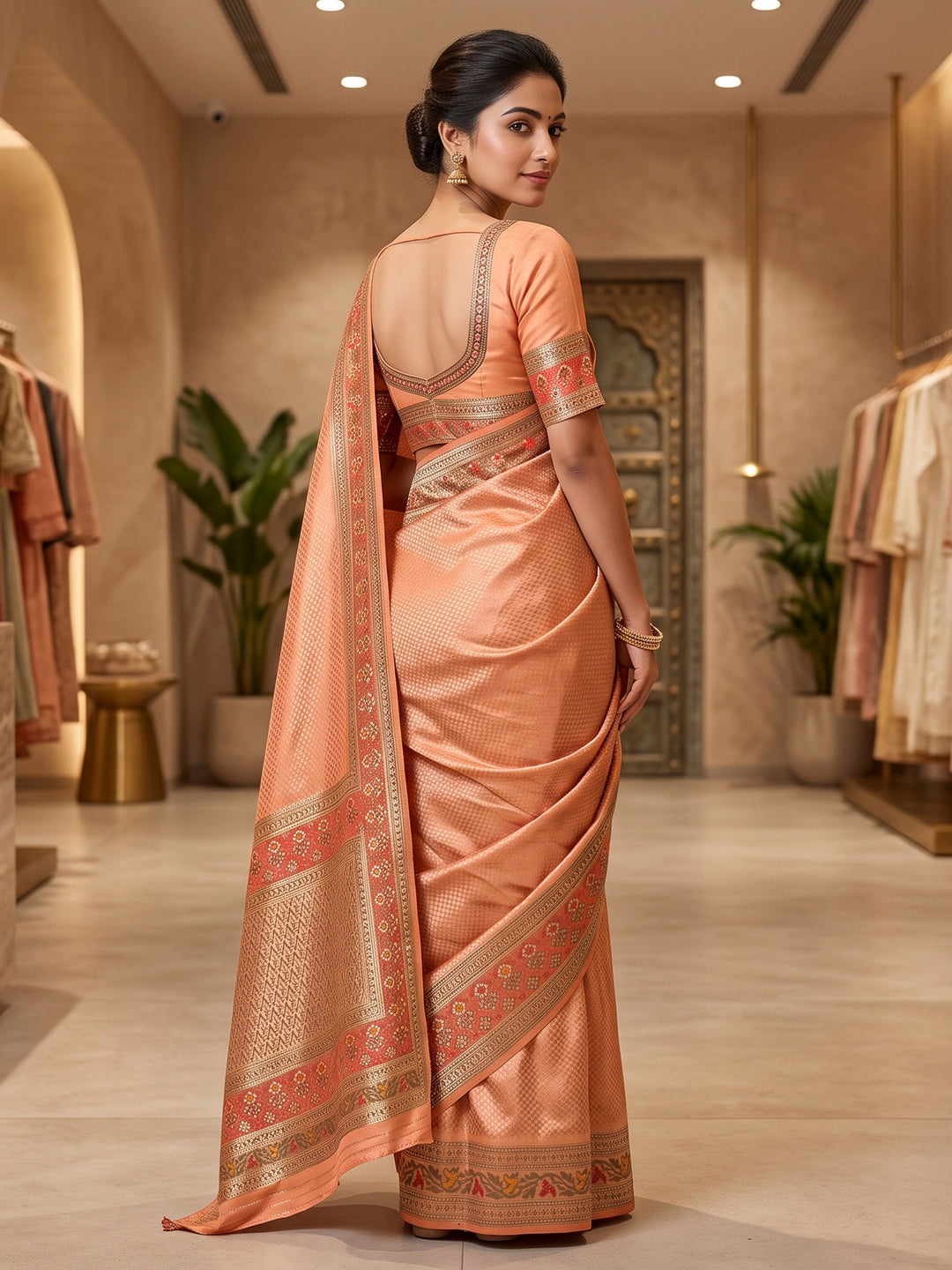 Peach Art Silk Woven Saree