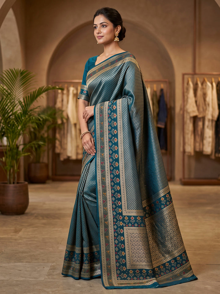 Peacock Blue Art Silk Woven Saree