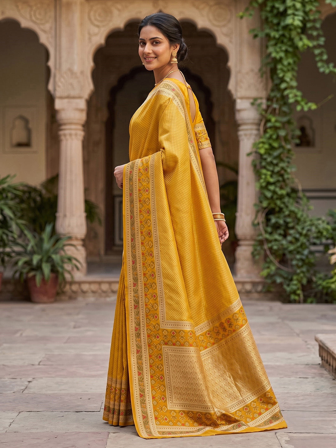 Yellow Art Silk Woven Saree
