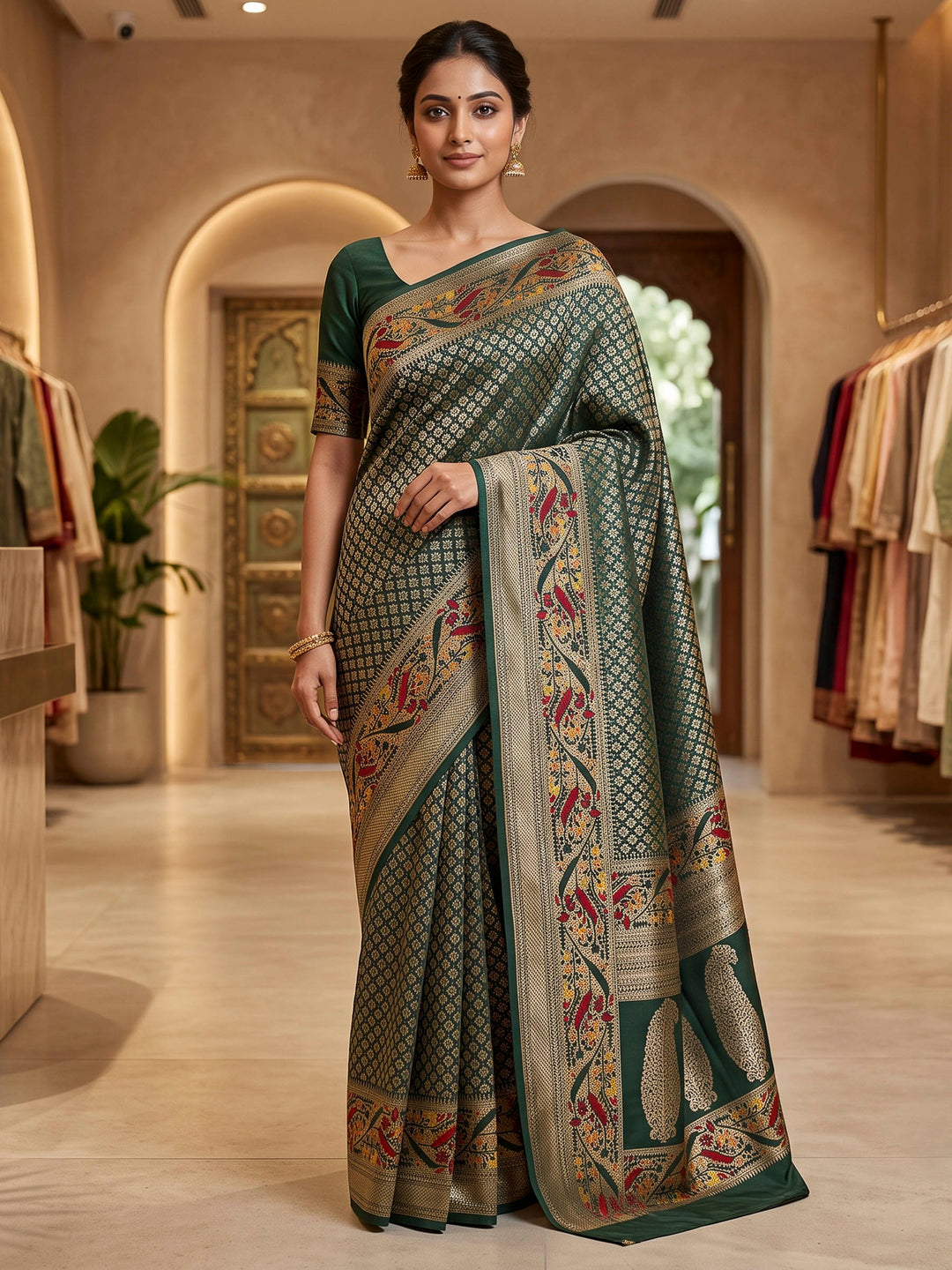Bottle Green Art Silk Woven Saree