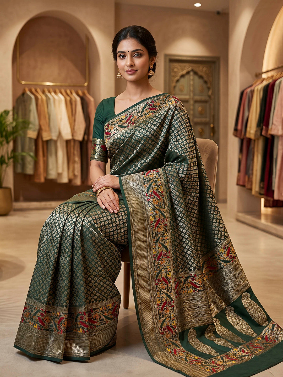 Bottle Green Art Silk Woven Saree