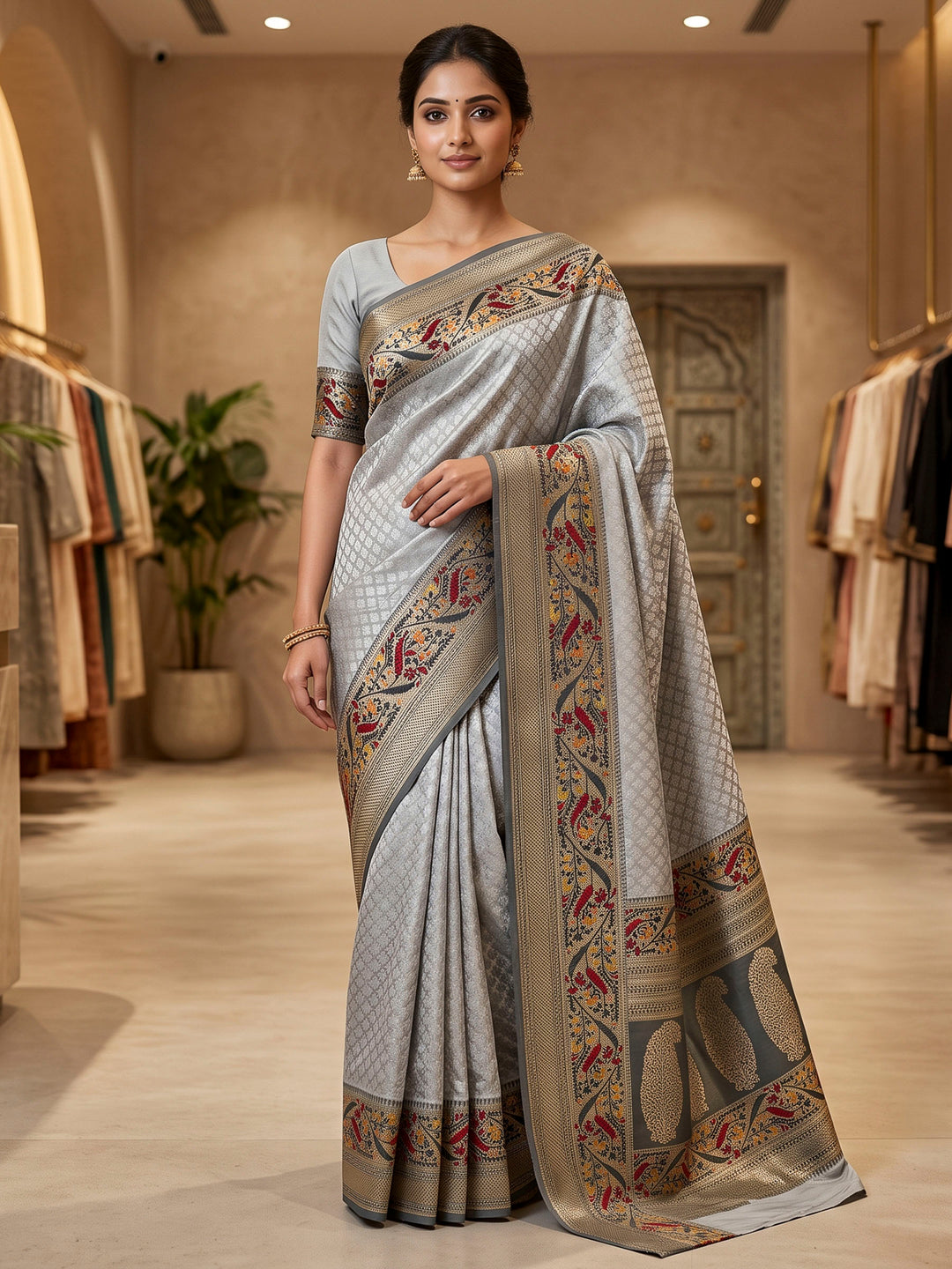 Grey Art Silk Woven Saree