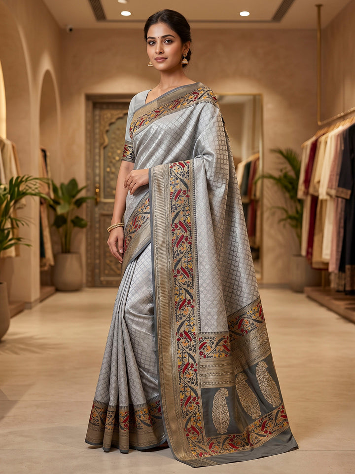 Grey Art Silk Woven Saree