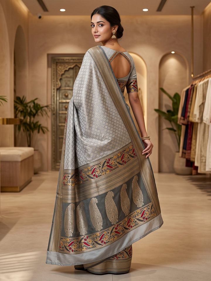 Grey Art Silk Woven Saree