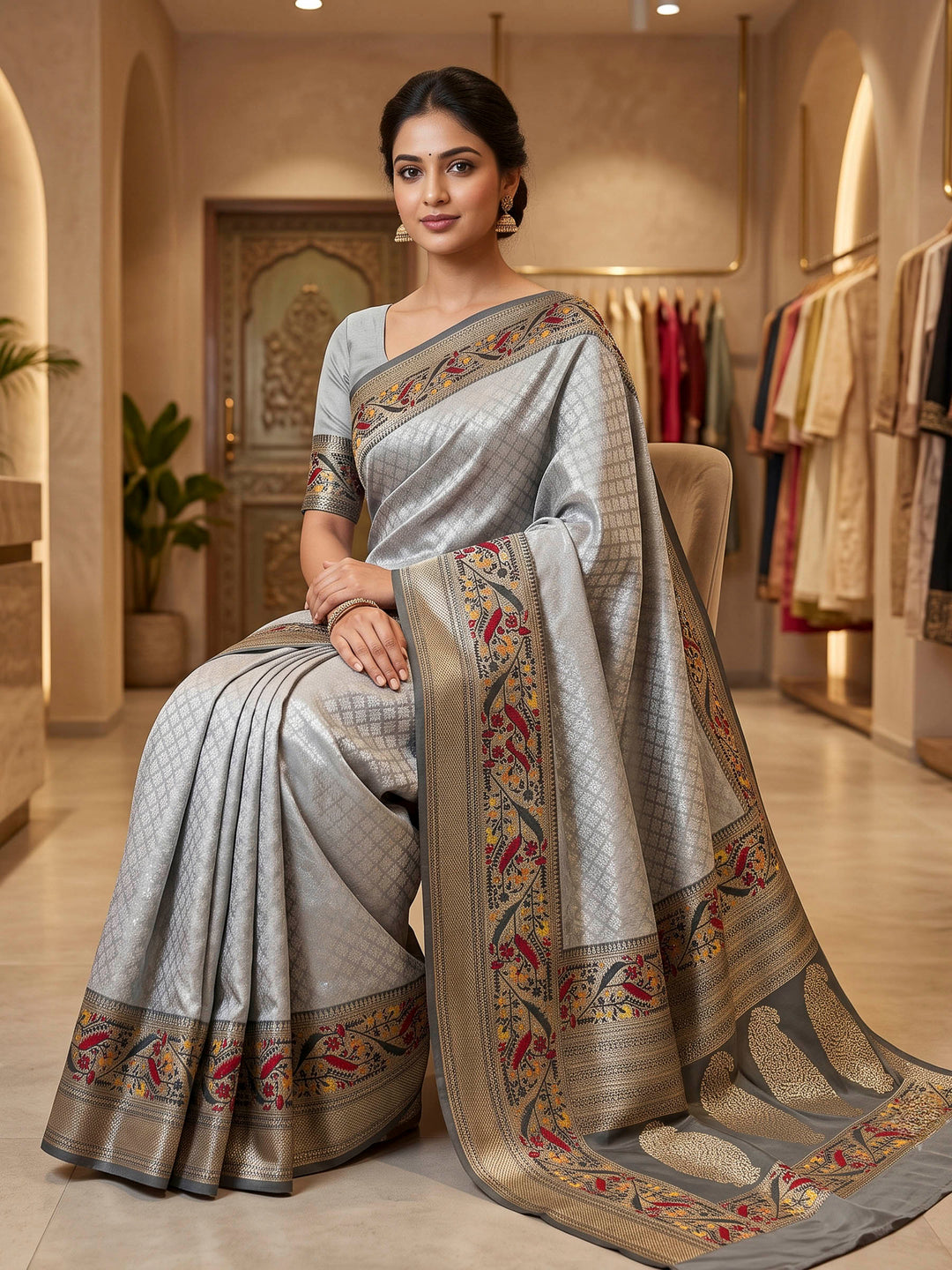 Grey Art Silk Woven Saree