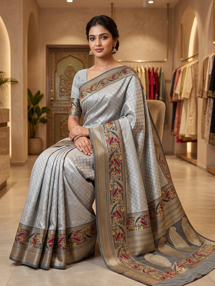 Grey Art Silk Woven Saree