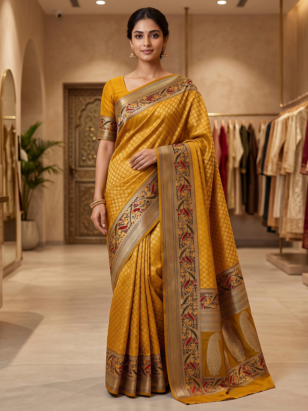 Mustard Art Silk Woven Saree
