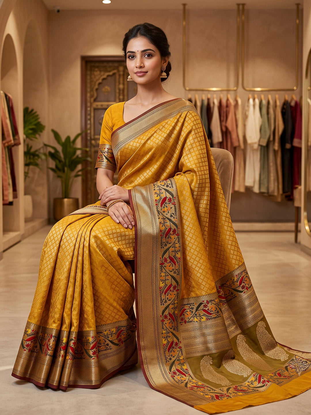 Mustard Art Silk Woven Saree