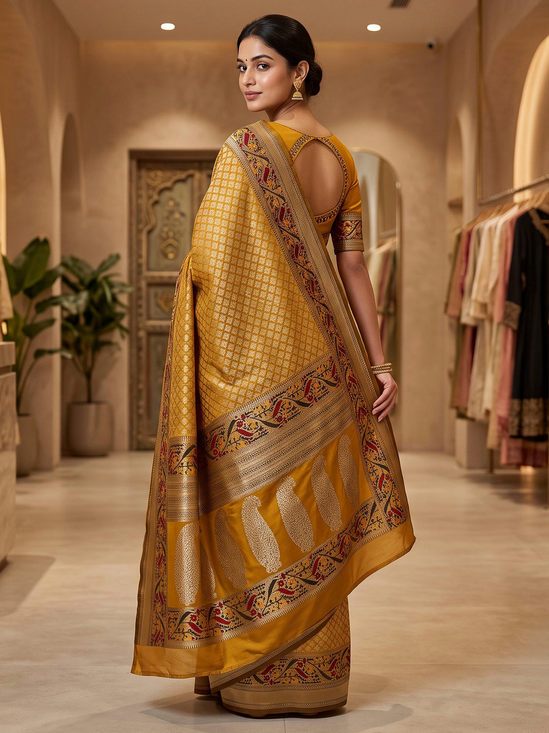 Mustard Art Silk Woven Saree