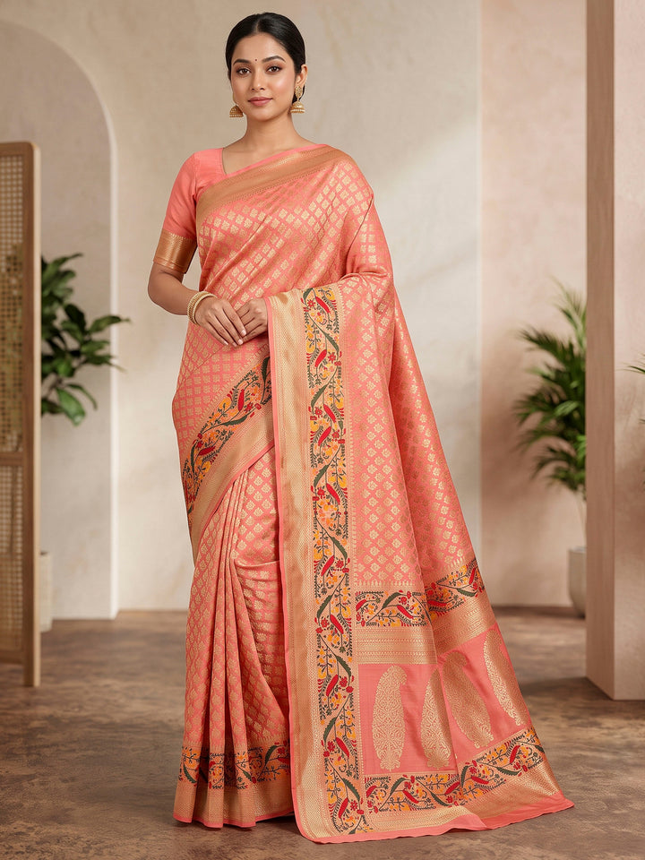 Peach Art Silk Woven Saree