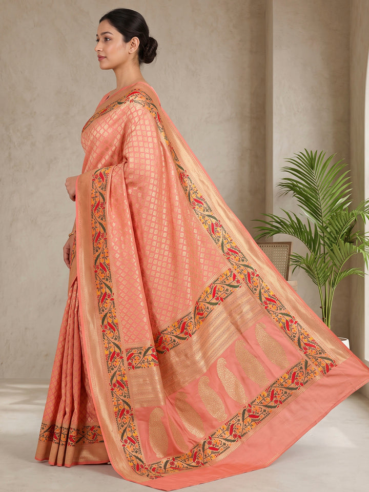 Peach Art Silk Woven Saree