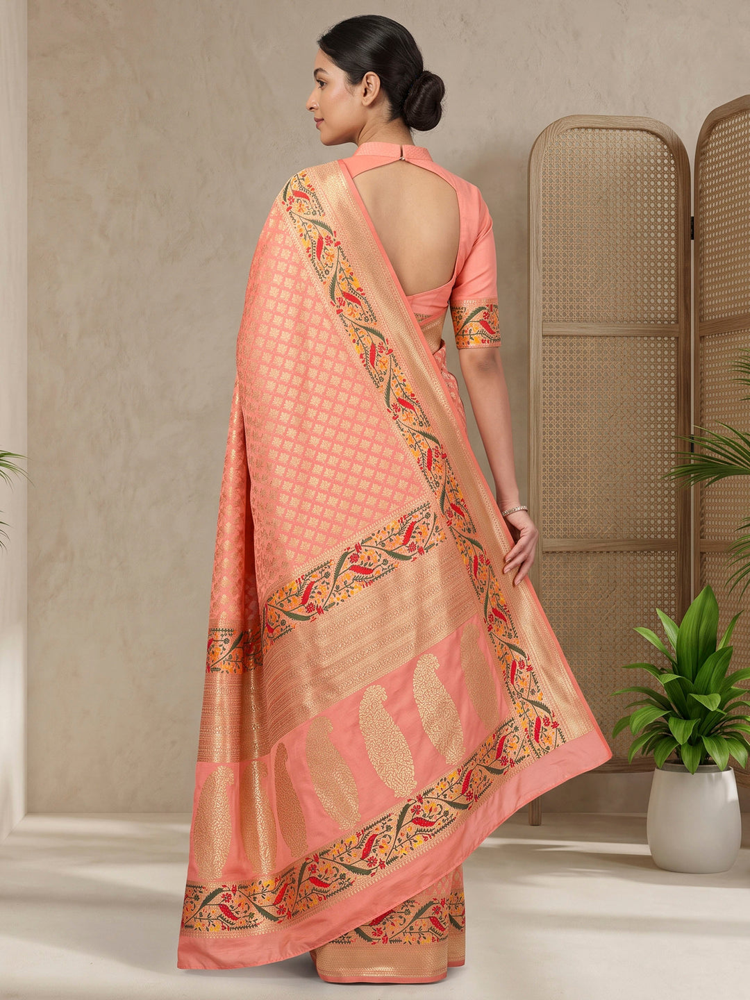 Peach Art Silk Woven Saree